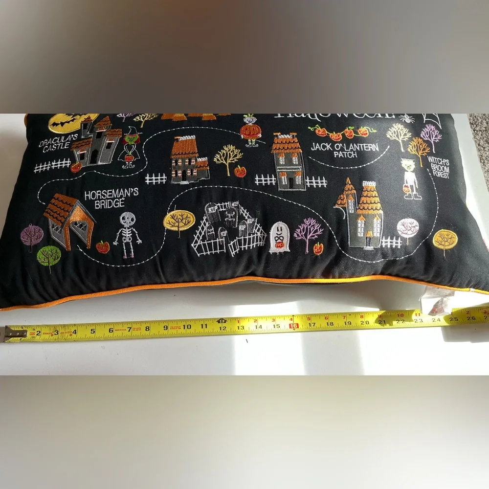 Isaac Mizrahi Large Lumbar Pillow Embroidered Halloween Village Candy Lane